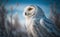 Portrait of a snowy owl in blurred blue sky and tree branches background, side view, in snow, generative AI