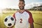 Portrait, soccer player and man with a soccer ball at a field, happy, smile and excited about sports goal at soccer