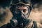 Portrait of solder patrolling wearing gas mask in a postapocalyptic land surrounded by smoke and dust, Generative ai