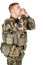 Portrait soldier or private military contractor shouting with hands cupped.