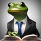 A portrait of a sophisticated frog in a suit and tie, reading a book1