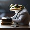 A portrait of a sophisticated frog in a suit and tie, reading a book3