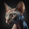 Portrait of a Sphynx cat in dim lighting, headshot only