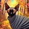 Portrait from a Sphynx cat with turtleneck sweater in autumn forest during golden hour