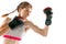 Portrait of sportive girl, junior MMA fighter in sports uniform training isolated on white background. Concept of sport