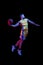 Portrait of sportive man, professional basketball player playing basketball isolated on dark background in neon light