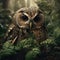 Portrait Of A Spotted Owl With Leaves Fused With The Green Leaves And Roots. Generative AI