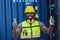 Portrait staff worker thumbs up happy working in port cargo shipping logistic industry