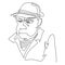 Portrait of a stern elderly man in a hat and coat. Continuous line drawing illustration