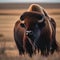 A portrait of a stoic bison standing amidst a vast prairie landscape2