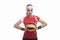 Portrait of Strong Willed Caucasian Professional Female Volleyball Player Equipped in Volleyball Outfit Holding Ball