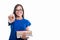 Portrait of student girl holding books pointing camera