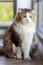 Portrait studio closeup shot of curious cute fat little white and gray long hair purebred kitten pussycat pet companion sitting