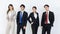 Portrait studio full body shot Asian young professional successful male female businessmen businesswomen management group in