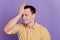 Portrait of stupid guy hit head palm forget make mistake on purple background