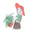 Portrait style  girl young women fashion with plants line art vector illustration