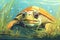 a portrait-style illustration of a turtle feeding on seagrass