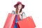 Portrait of stylish shopper holding colorful shopping bags and s
