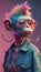 A portrait of a stylized anthropomorphic hyperrealistic female monkey with human features wearing round glasses and a denim jacket