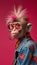 A portrait of a stylized anthropomorphic hyperrealistic female monkey wearing glasses earings and a denim jacket on minimal pink