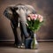 A portrait of a suave elephant in a tailored suit and tie, holding a bouquet2