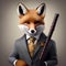 A portrait of a suave fox in a tailored suit and tie, holding a walking stick2