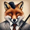 A portrait of a suave fox in a tailored suit and tie, holding a walking stick3