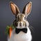 A portrait of a suave rabbit in a tuxedo and bowtie, holding a carrot3