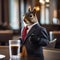 A portrait of a suave squirrel in a suit and tie, holding a cup of coffee1