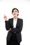 Portrait of success asian business woman in black suit with pointer up on white background and clipping path