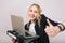 Portrait successful joyful businesswoman smiling to camera, holding laptop, folder, talking on phone isolated on white