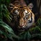 Portrait of Sumatran Tiger, Panthera tigris altaica.Tiger in jungle.Tiger looking.Tiger hunting