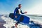 Portrait of surfer man with surf board on the beach.