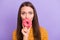 Portrait of surprised shocked crazy funky girl close hide her lips with colorful tasty sweet doughnut wear style stylish