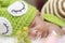 Portrait of sweet newborn baby in knitted snail costume