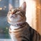 Portrait of a tabby Japanese Bobtail cat sitting in a light room beside a window. Closeup face of a beautiful Japanese Bobtail cat