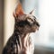 Portrait of a tabby Sphynx cat sitting in a light room beside a window. Closeup face of a beautiful Sphynx cat at home. Portrait