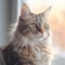 Portrait of a tabby Turkish Angora cat sitting in a light room beside a window. Closeup face of a beautiful Turkish Angora cat at