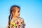 portrait of tanned five girls Portrait Portrait of a tanned little girl in a sundress by the sea