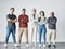 Portrait of team of focused united young business people folding arms. Diverse mixed race group of men and women