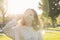 Portrait of teen girl with maple leaf