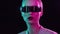 Portrait of teenage girl in cyberpunk style. Young woman posing in futuristic sunglasses. Creative studio light.