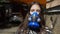 Portrait of a teenage girl in a respirator in open space