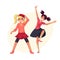 Portrait of teenaged two girls in pink clothes dancing
