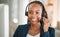 Portrait, telemarketing or black woman with headphones, call center or internet connection with telecom sales. Female