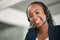 Portrait, telemarketing or black woman with a smile, call center or tech support with headphones. Female person, face or