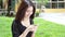 Portrait of thai adult student university beautiful girl calling smart phone