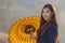 Portrait Thai beautiful woman farmer holding umbrella outdoor,countryside Thailand.