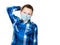 Portrait of thinking boy, wearing a protective face mask prevent virus infection, pollution on white isolated background