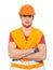 Portrait of thinking handyman in orange uniform